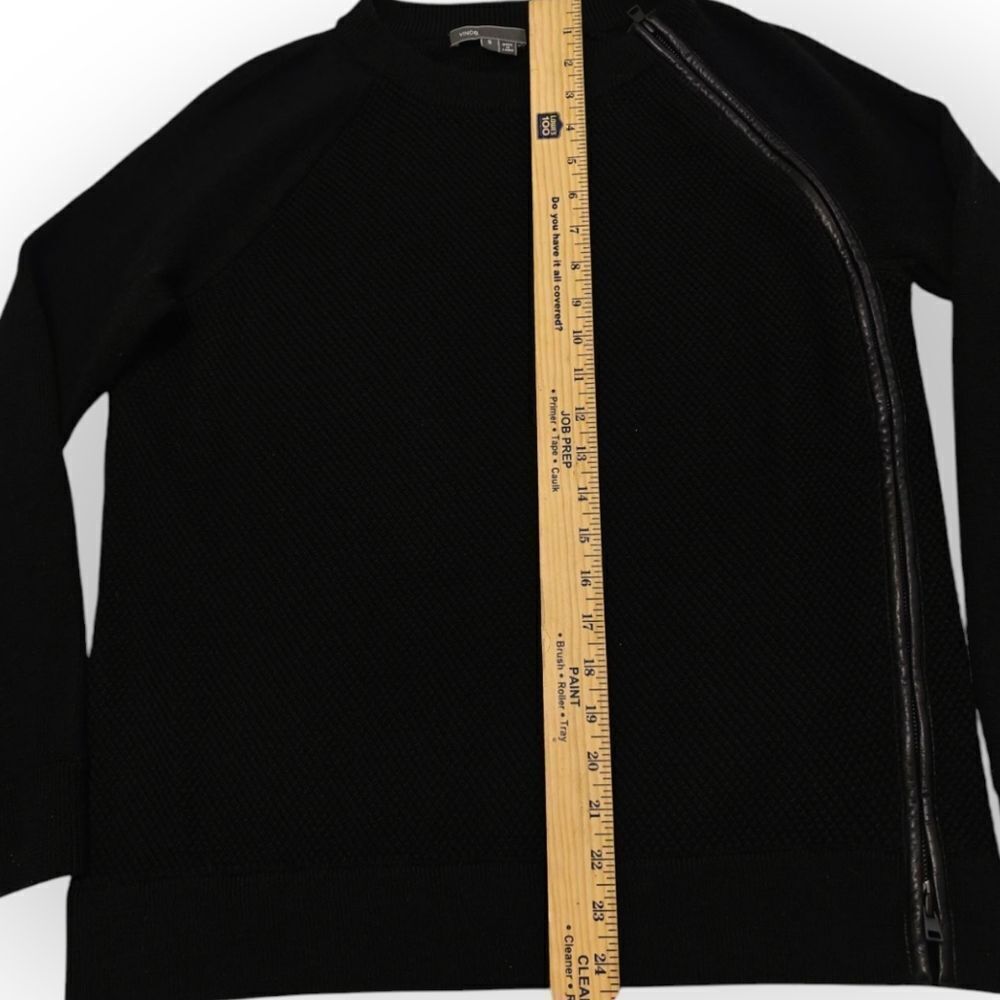 Vince Wool Leather Black Crew Neck Sweater Zip Asymmetrical Design Sz S - Picture 7 of 8